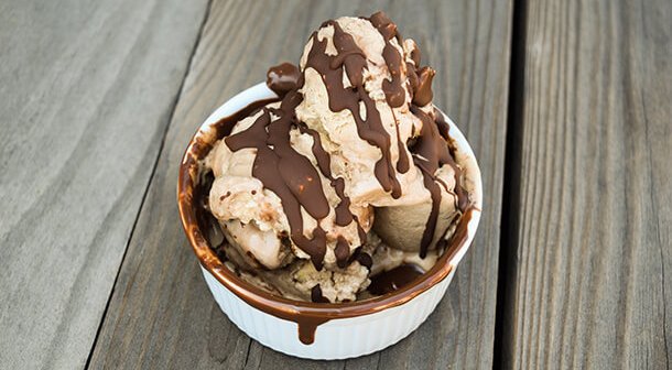 Vegan ice cream with chocolate sauce