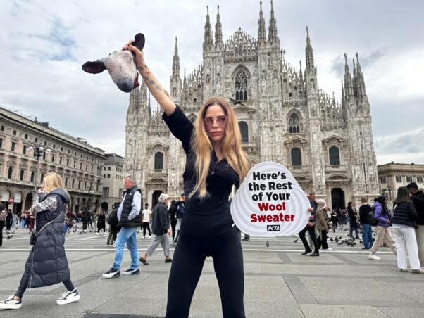 Naike Rivelli protesting wool in a public square in europe